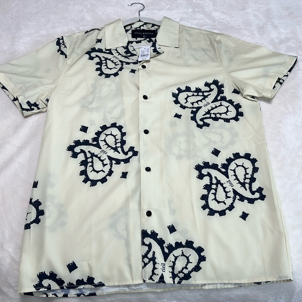 Civil Regime Tribal Print Button-Up Shirt NWT Sz L — Cream × Black